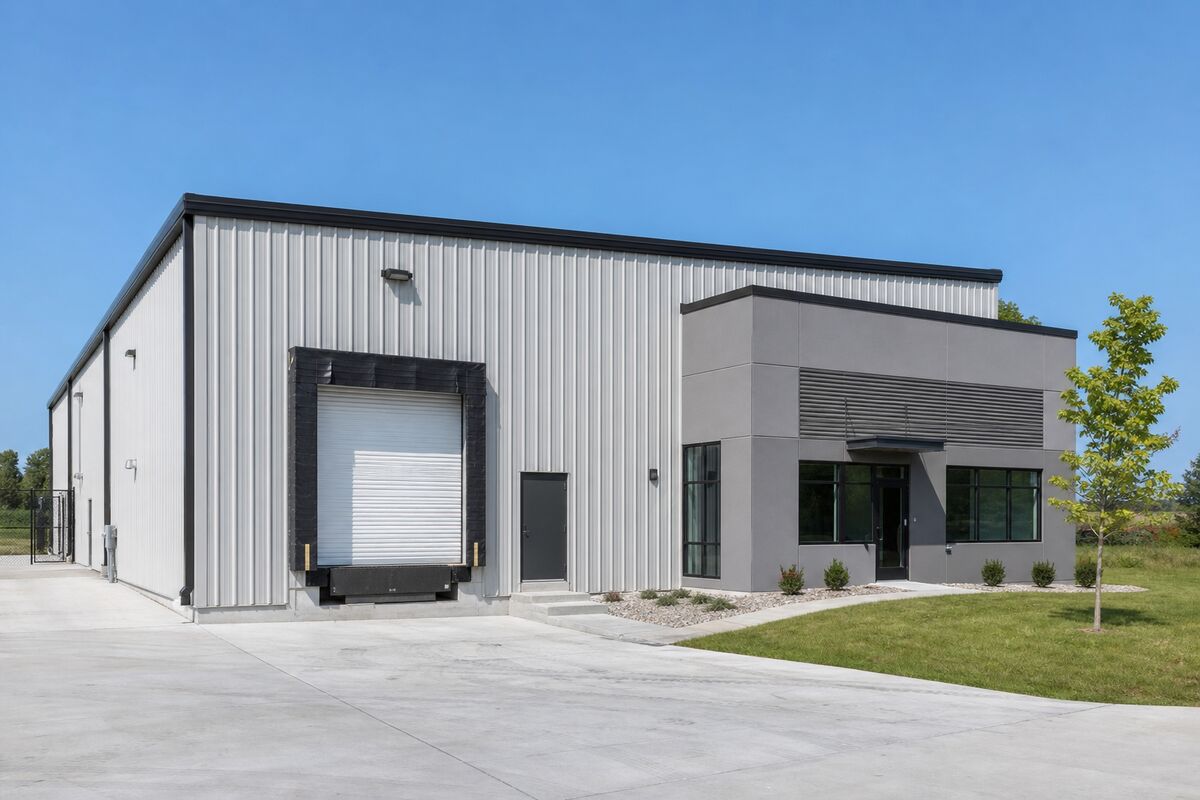 Exterior of a metal light-industrial flex building with a loading dock