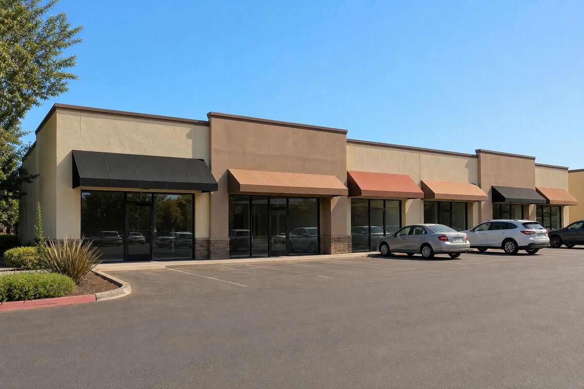 Exterior of a single-story retail plaza with awnings and parking